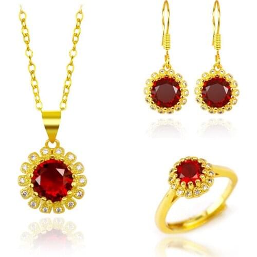 FASHION 14K GOLD JEWELRY WOMENS RUBY GEMSTONE RING EARRING PENDANT NECKLACE WEDDING ANNIVERSARY GIFT WITH BIG STONE JEWELRY SET