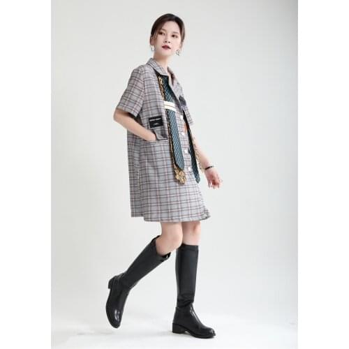 Women Summer Plaid Suit Skirt Female Mid-length Loose with Tie Double Breasted Dress
