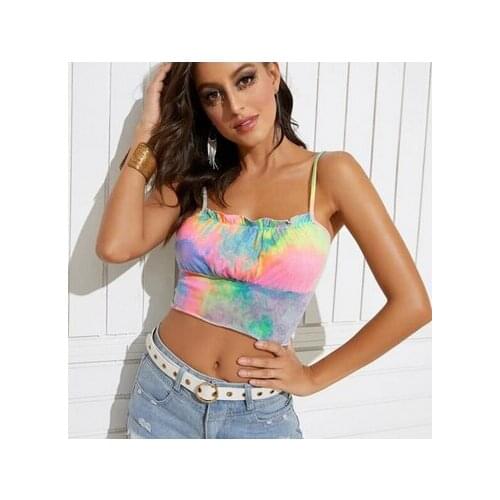 New Women Casual Sexy Tube Top Sling Top Multicolor Boat Neck Tight Tie-Dye Printed Crop Color Pleated Holiday Style Sling Top