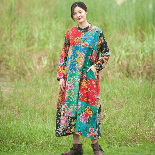 Chinese Style Pannelled Stitching Robe Retro Cotton Linen Printing Loose Floral Dress Woman Dress Dress Vintage