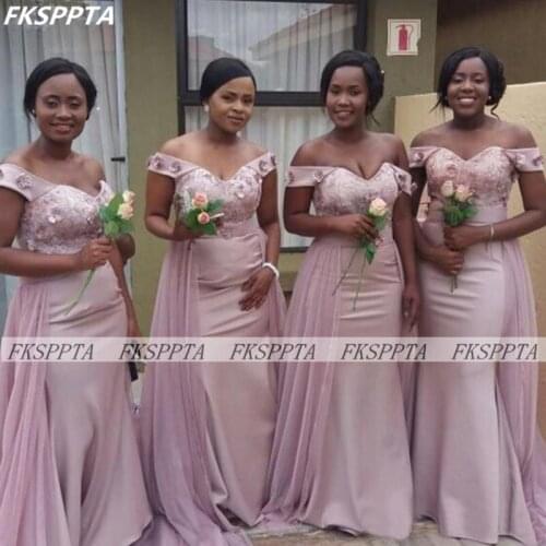 2021 Wholesale Black Women Bridesmaid Dresses Long Mermaid Off The Shoulder Appliques Satin Plus Size Maids Of Honor Gowns