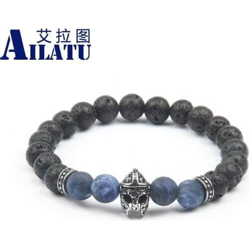 Ailatu Helmet Bracelet Stainless Steel Sparta Energe Jewelry Natural Lava Stone Beads Pulseira Masculina Gift For Men