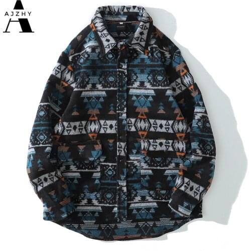 AJZHY Winter Flannel Shirt Men National Style Geometric Pattern Long Sleeve Streetwear Casual Cashmere Button Up Vintage Loose