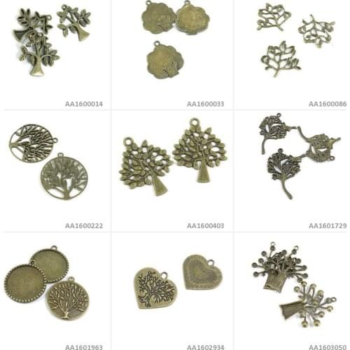 Antique Bronze Tone Jewelry Making Charms Tree Oak Three Heart Tag Life String Cabochon Base Bird Leaves Bracelet Pendant