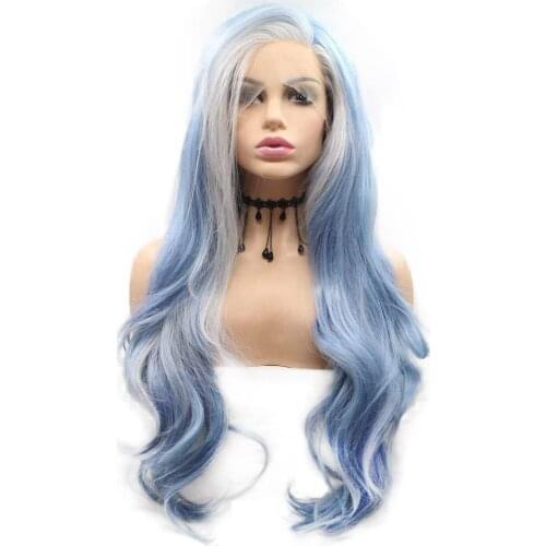Kanekalon Mermaid Blue White Mixed Color Lace Front Wig Synthetic Long Natural Wavy Side Part Wig Glueless Heat Resistant Fiber