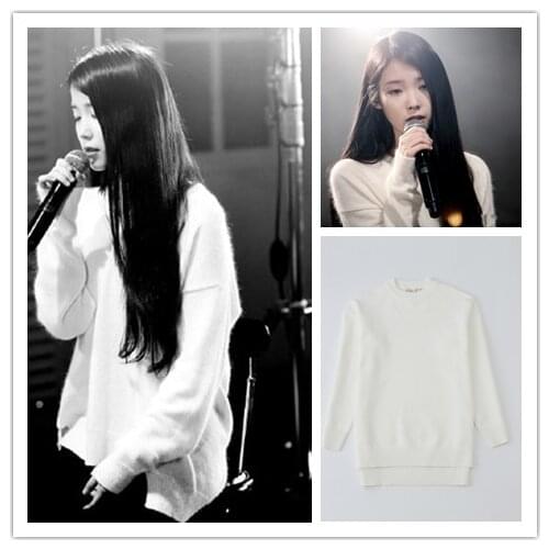 KPOP IU Lee Ji Eun autumn new Fashion white long sleeve pullover sweater women Streetwear Solid color loose warm o-neck sweaters