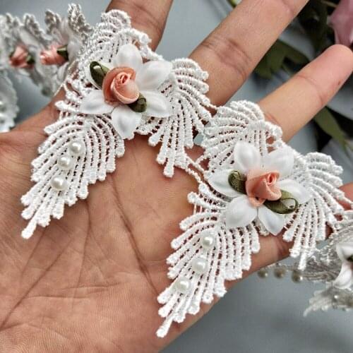 100cm White 3D Rose Flower Pearl Bowknot Embroidered Lace Trim Ribbon Applique Handmade Sewing Accessories Supplies Crafts