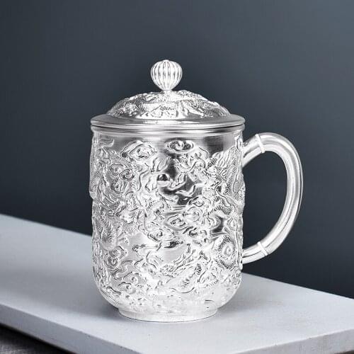 Sterling Silver Handmade Three-Dimensional Relief Dragon-Print Mug For Tea Large Water Cup With Lid