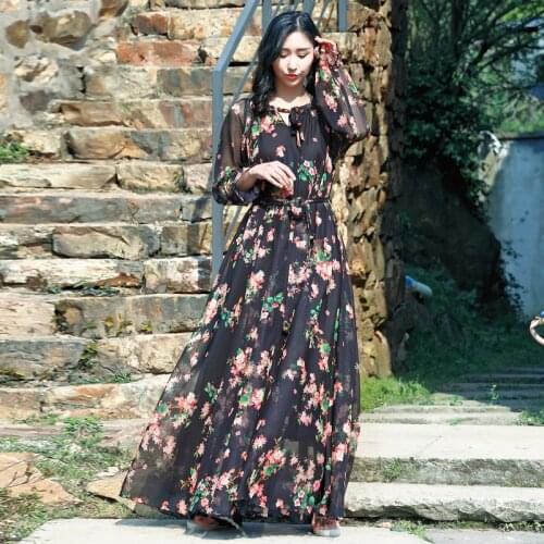 Fashion Runway Autumn Long Sleeve Maxi Dress Womens Loose Waist Floral Print Elegant Party Holiday Beach Long Dress