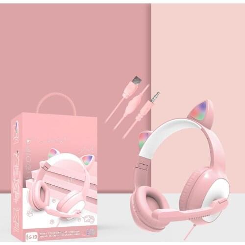 New Product G19 Pink Cat Ear Cute Girl Gaming Headset With Mic Noise Reduction Stereo Music RGB Flash Light Wired headphone
