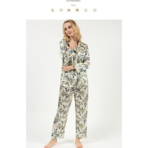 Silk Pajamas Set Suit Women Long Sleeve 19mm Heavy Ladies Silk Two-piece Sleepwear Spray Plant Floral Pattern