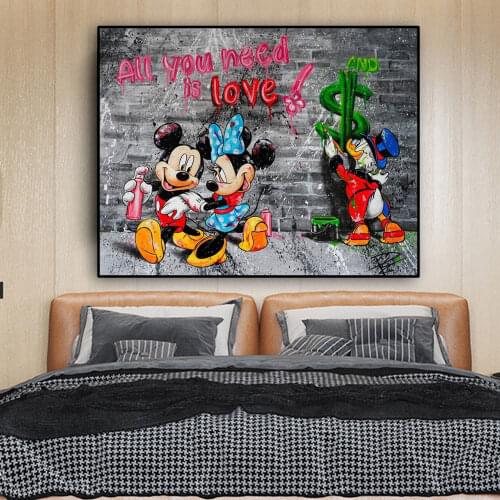 Disney Posters and Prints Graffiti Art Painting on Canvas Wall Art Mickey Mouse Lovers and Donald Duck Pictures for Room Decor