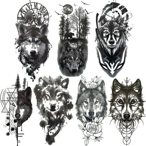Realistic Wolf Fake Temporary Tattoo For Men Women Geometric Black Coyote Tattoos Unique Forest Arm Hands Waterproof Tatoo Paper
