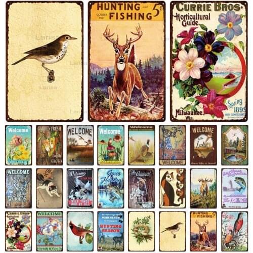 Retro Metal Painting Animals Wall Art Stickers Cat Parrot Sika Deer Metal Plaque Vintage Flowers Plants Tin Signs for Home Decor