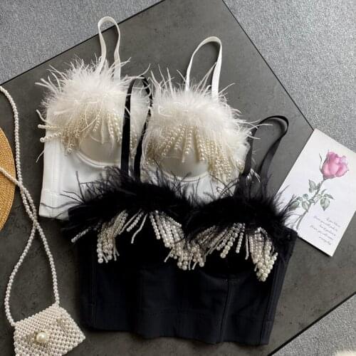 Sexy and Club Style Pearl Tassels and Fur Decorated Spaghetti Strap Top Women Short Design Bra Top TN1750