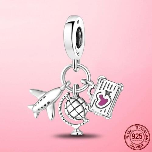 Silver Pendant 925 Sterling Silver Travel Beads Airplane Globe Luggage Charm Fit Original Pandora Bracelet Fashion Fine Jewelry