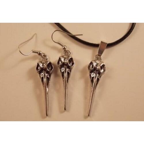 Vintage Silver Gothic Crow Raven Bird Skull Necklace Earrings Jewelry Set Charms Pendants For Women Halloween Gift Accessories