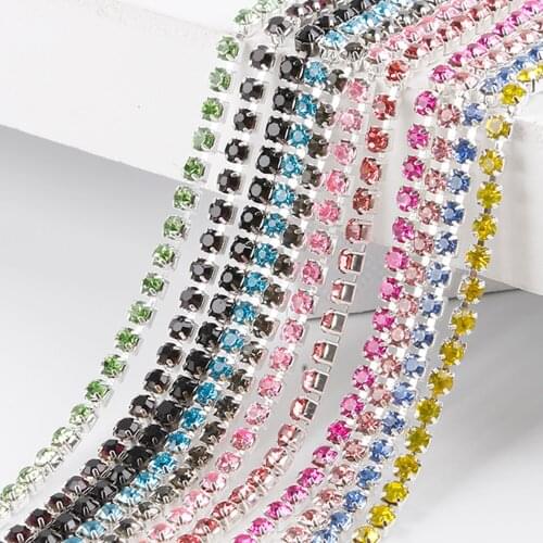 High Density SS6 2mm Black/Silver Base Claw Rhinestone 23Colors Cup Chain Rhinestone Sew On Glue On Trim 1m/bag
