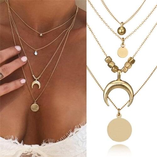 Bohemian Ladies Pearl Gold Retro Crescent Pendant Multilayer Chain Type Round Sequin Coin Necklace Female Jewelry Party Gift