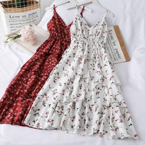 2021 New Women Summer Bohemian Strap Dress Korean Print V-neck backless Sundress New Holiday Beach Sleeveless Cake Floral Dress