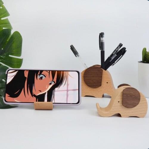 100% Wood Phone Holder for iPhone 12 Pro Max Mini 11 XS SE 2020 Cure Decoration Elephant Desk Mount Stand Support with Pen Slot