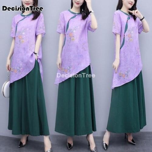 2021 ladies chinese style cheongsam blouse+pansts set classic print flower vietnam aodai set oriental chinese qipao cheongsams