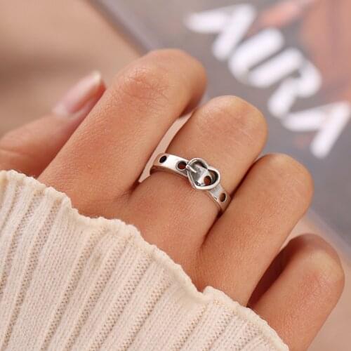 ALIUTOM Vintage Ancient Silver Color Heart aperture Open Rings for Women Punk Hip Hop Adjustable Ring Fashion Jewelry Best Gift