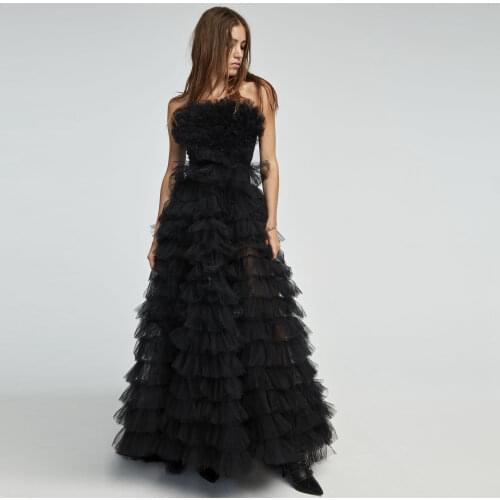 Black Elegant Classic Women Dress Tulle Ruffle Layered A-Line Dress Strapless Floor Length Evening Dress Prom Dress Plus Size