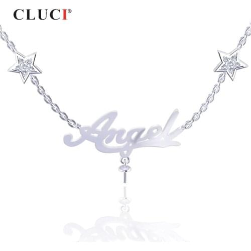CLUCI Silver 925 Angel Zircon Pearl Pendant Necklace for Women Party Jewelry Angel Letter Pendant Necklace Jewelry SN048SB