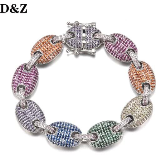 D&Z 12MM Rainbow Coffee Beans Cuban Link Bracelet Iced Out Men Hip hop Jewelry Copper Material Gold Silver Color Chain Bracelet