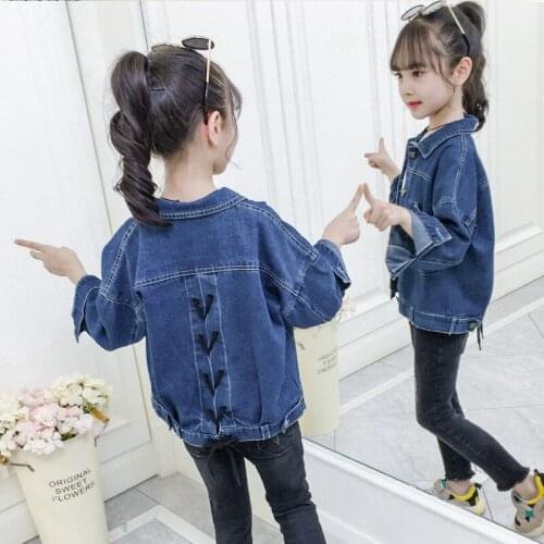 Childrens Denim Jacket for Girls Child Cotton Solid Back Strap Jeans Outerwear Coats Teenage Girl Clothes Jean Jackets 10 12 14
