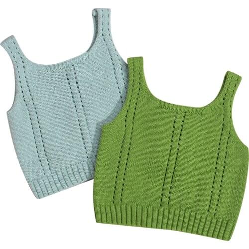 Kids Summer Tank Tops, Solid Color Knitted Wide Shoulder Strap Sleeveless Vest for Girls, Blue/Green
