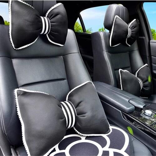 JINSERTA Beautiful Pink Red Bow Pillow Car Head Neck Pillow PU Leather Waist Supports Bow Seat Rest Back Lumbar For Girls Women