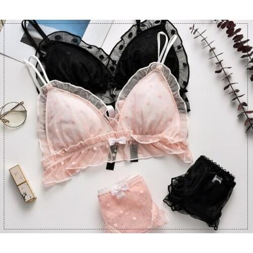 Honviey girl bralette set sweet cute Japanese polka dot net yarn black bra lotus leaf thin cup small bra sexy underwear set