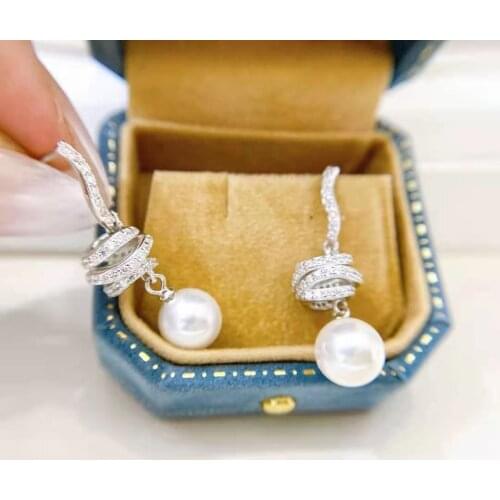 M418 Solid 925 Sterling Silver Almost Round 9-10mm Nature Fresh Water White Pearls Drop Dangle Earrings for Women Fine Presents