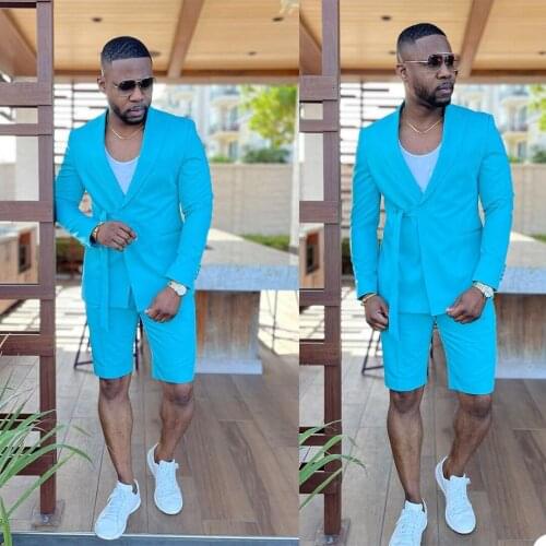 Summer Blue Mens Short Suits High Quality Groom Wedding Blazer Suits Formal Prom Party Pants Coat Jacket 2 Pieces