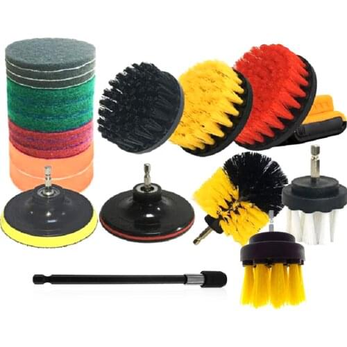 20 PCS Drill Brush Attachments Set Includes Scrub Pads Sponges Different-Sized Brushes Power Scrubber Brushes with Extend Rod
