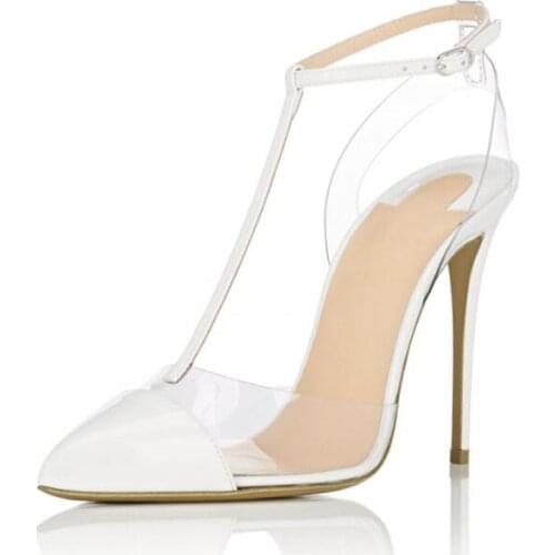 Spring Fall New Ladies white patent leather and PVC transparent film stitching thin high heels apricot rivets decoration pumps