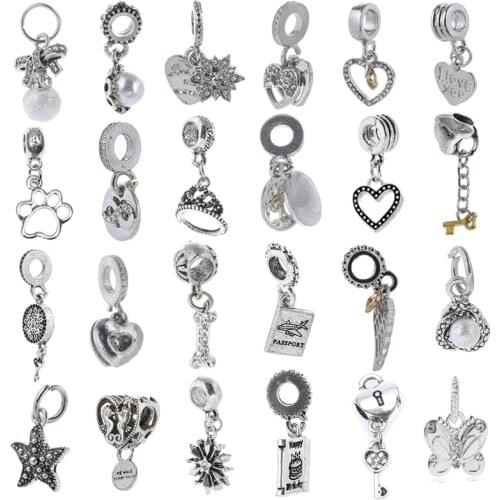 2Pcs/Lot High Quality Alloy Silver Plated Heart Crown Charm Pendants Fit Fashion Brand Bracelets For Women Lucky Jewelry Gift