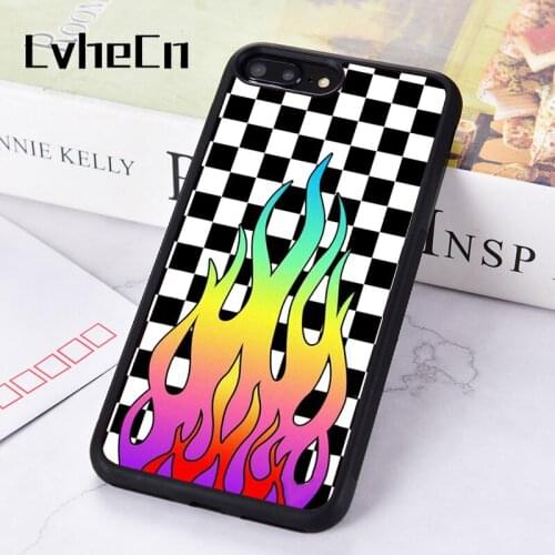 LvheCn Rubber Silicone Phone Case Cover For iPhone 6 6S 7 8 PLUS XR X XS 11 12 PRO MAX MINI Black White Checkers Rainbow Flames