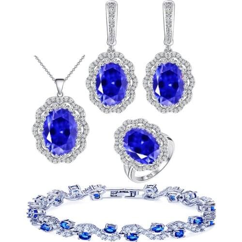 Silver 925 Blue Sapphire Bridal Jewelry Sets For Women Earrings/Pendant/Necklace/Ring/Bracelet