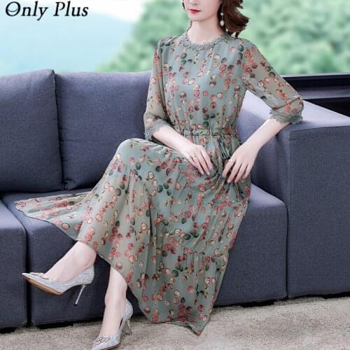Only Plus Chiffon Polka Dot Printed O-Neck Lace Bohemian Elastic Waist Half Sleeve Dress Womens Autumn Green Mid-Calf Dress2021