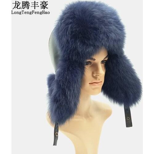 Warm Men Real Fox Fur Cap Male Genuine Raccoon Fur Hats With Fur Ear Protection 100% Natural Real Fur Leather Bomber Hats