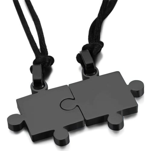Trendy Blue Black Color Puzzle Lover Pendant Stainless Steel Necklace For Mens Womens Couples Jewelry 2pcs