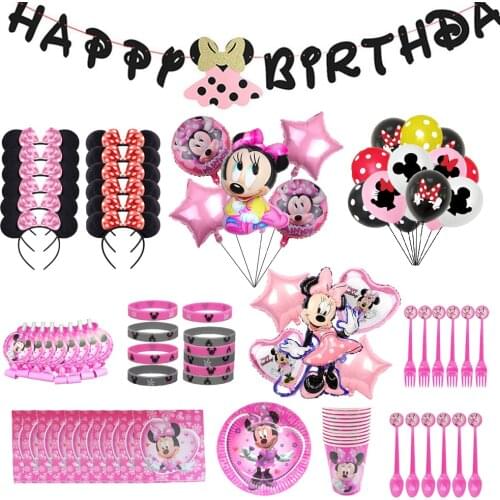 160pcs Disney Minnie Mouse Party Supplies Party Accessories Decoration Baby Shower Party Cup Napkins Balloons Decor For Kids