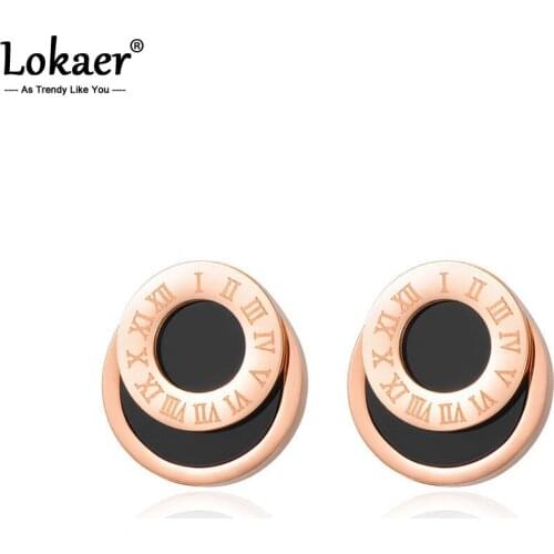 Lokaer Trendy Double Circle Roman Numerals Stud Earrings For Women Titanium Steel Female Wedding Earrings Jewelry E17051