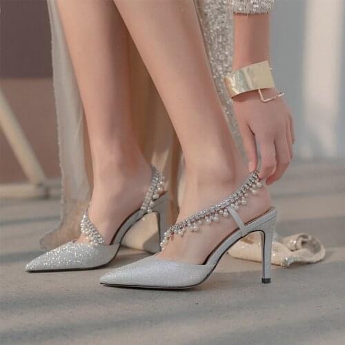 Spring rhinestone pearl tassel chain stiletto high heel bridal wedding shoes banquet dress all-match large size female sandals
