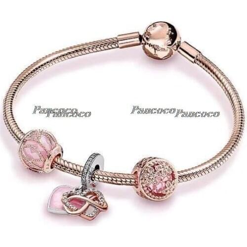 925 Sterling Silver Sparkling Pink Daisy Flower Meadow With Crystal Beaded Bracelet For Women Wedding Gift Pandora Jewelry