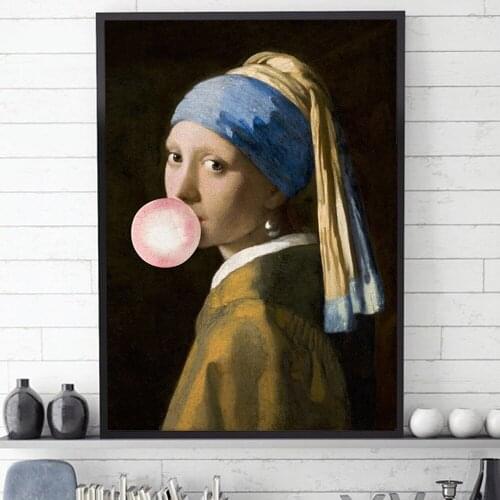 Blowing Bubbles Woman Creative Poster Girl with Pearl Earrings Wall Art Canvas Painting and Prints Nordic Living Room Home Decor