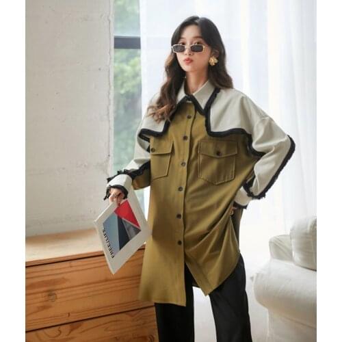 Women Spring Autumn Tops Single-breasted Vintage Color Block Patchwork New Square Collar Loose Slimming Mid-length Shirt